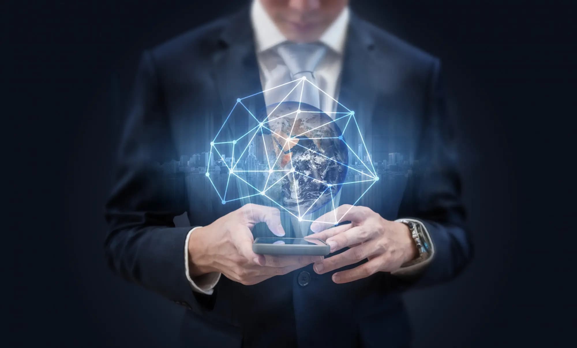 Business professional holding holographic technology sphere