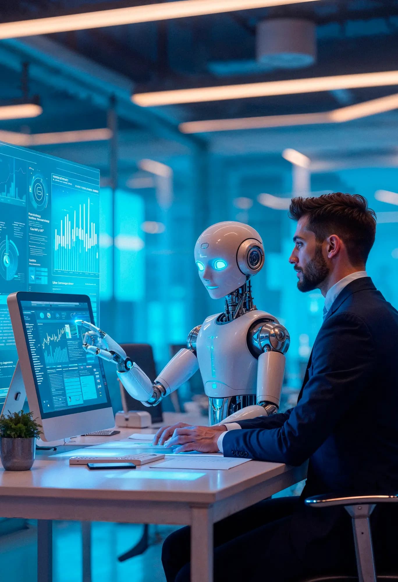 AI Agents & Automation Tools concept featuring AI robot and human collaboration