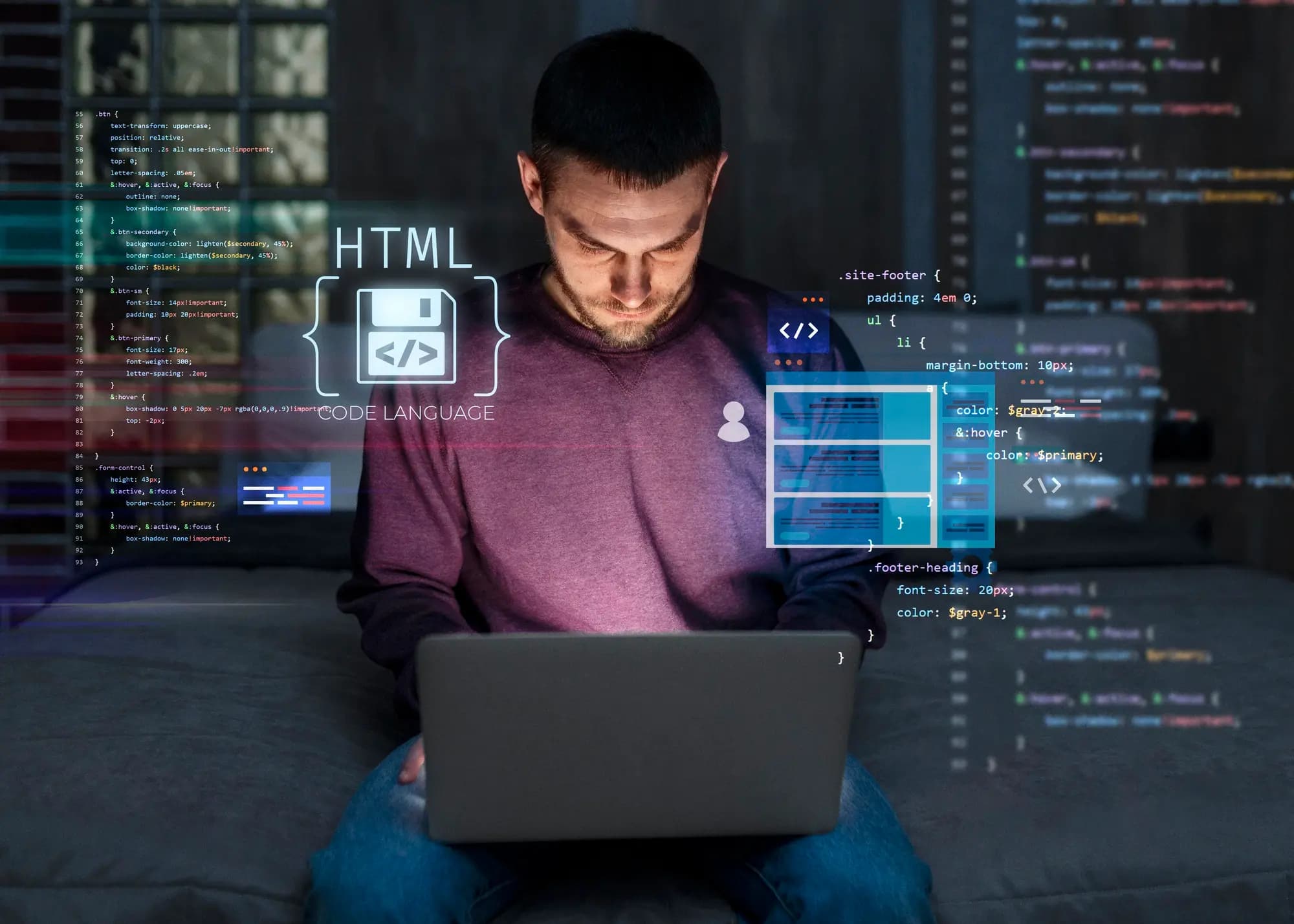 Web development workspace showing modern user interface code and design